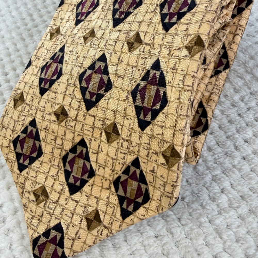 Maus & Hoffman Silk Tie Geometric Diamond Pattern Tan Purple Gold Made in USA